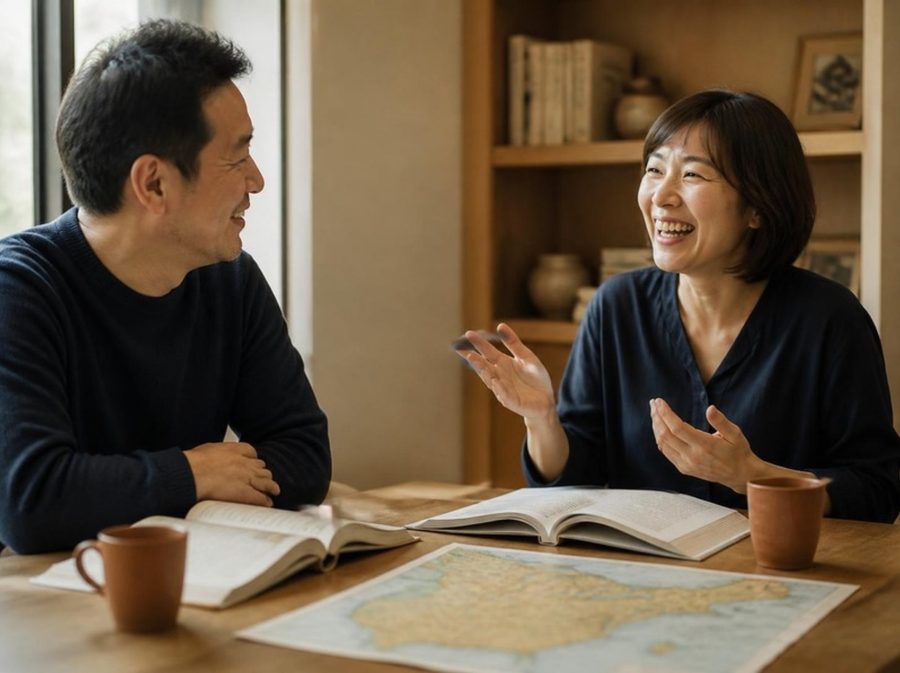 テーブルで語学を学ぶ2人