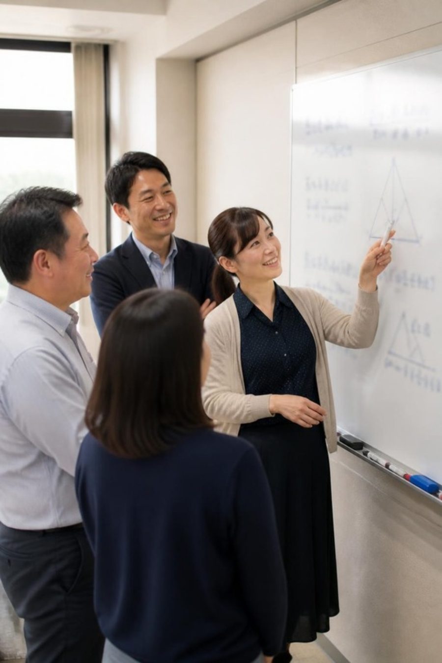 ホワイトボードの図を囲んで話す大人の受講生